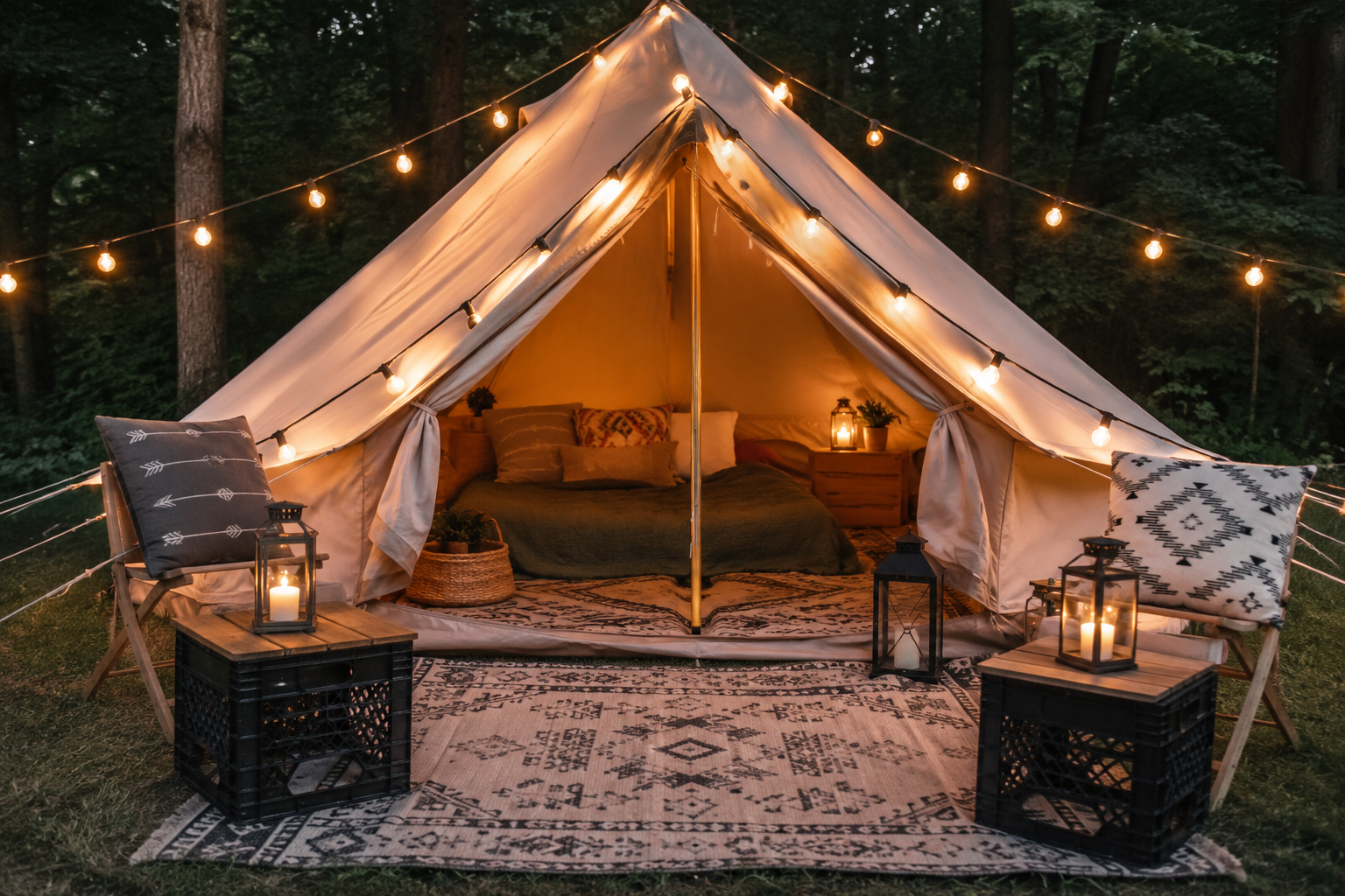DIY Glamping, lighting, rugs and comfort
